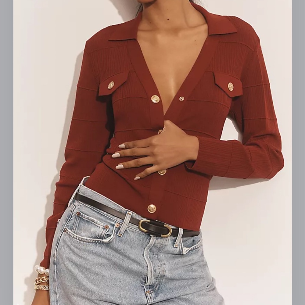 Maeve Womens deep red ribbed Collared Cardigan Sweater S